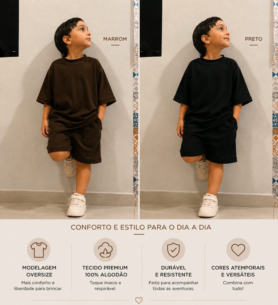 Conjunto Oversize infantil — camiseta e shorts em marrom e preto